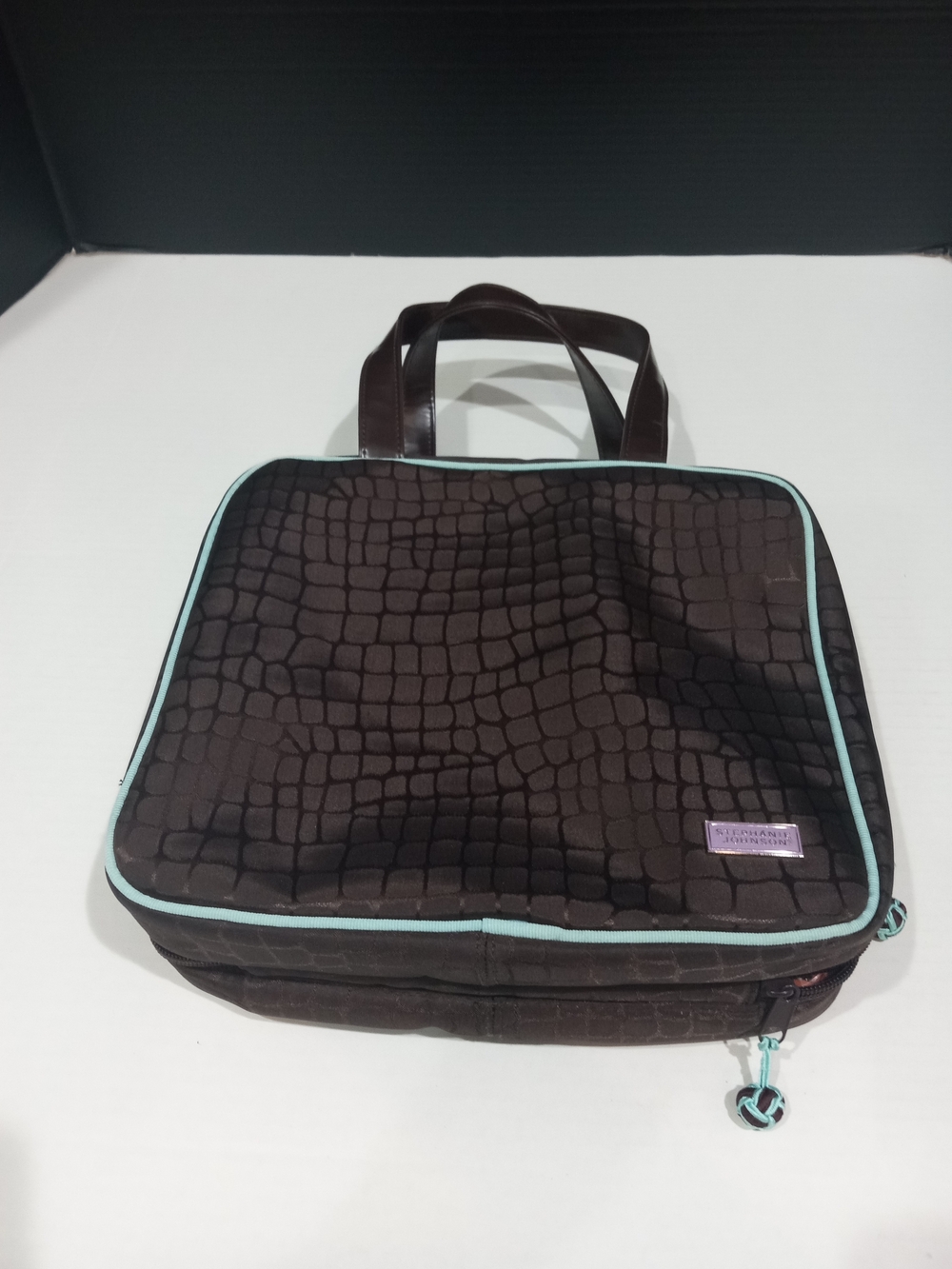 Stephanie Johnson Brown Cosmetic Bag with Mint Trim